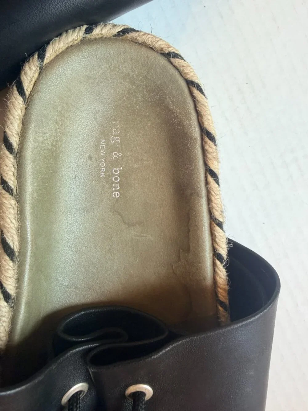 rag & bone Eva Espadrille Black Leather Slide Sandals Size 38